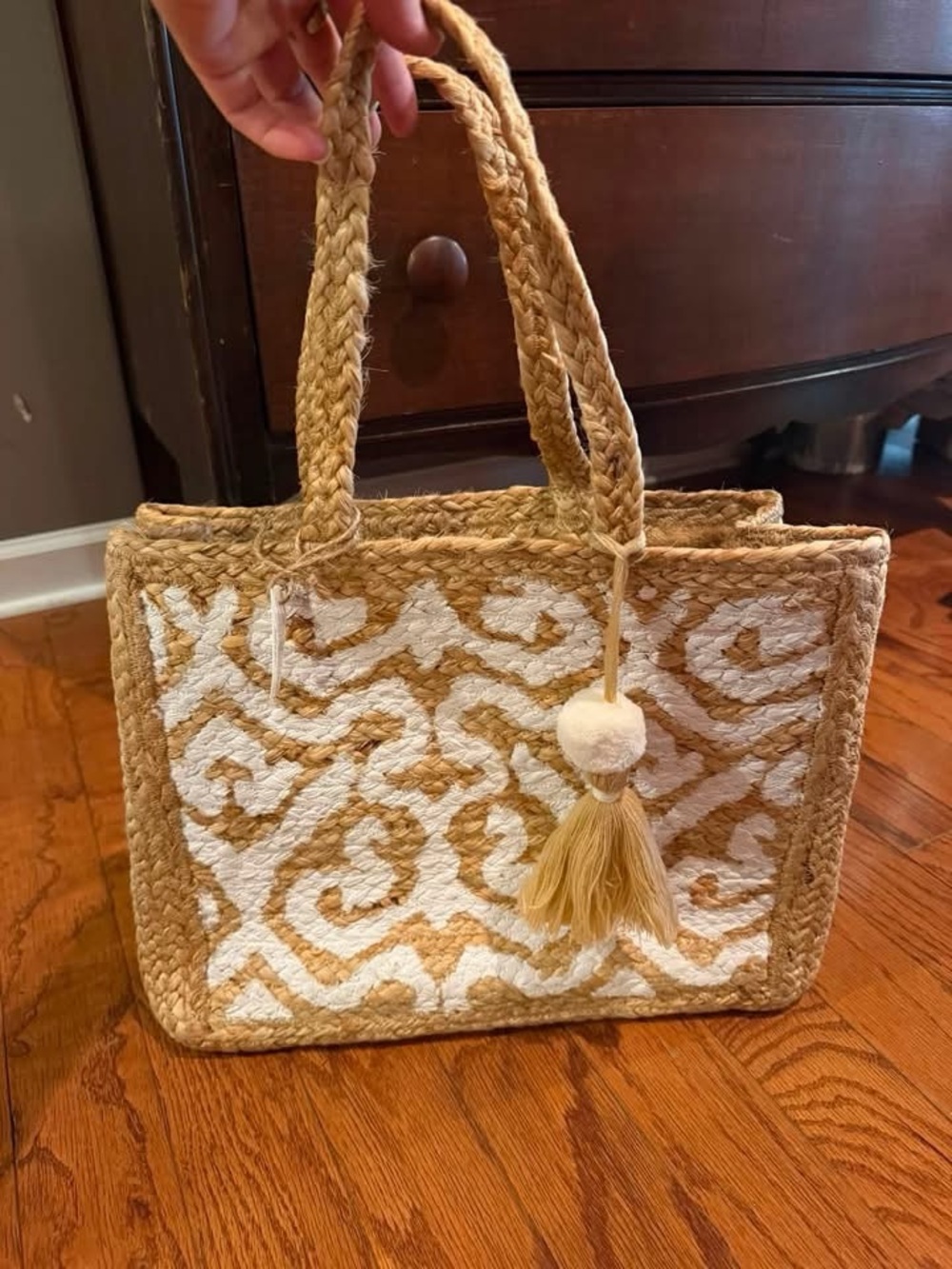 Handwoven Natural Jute Tote with White Pattern